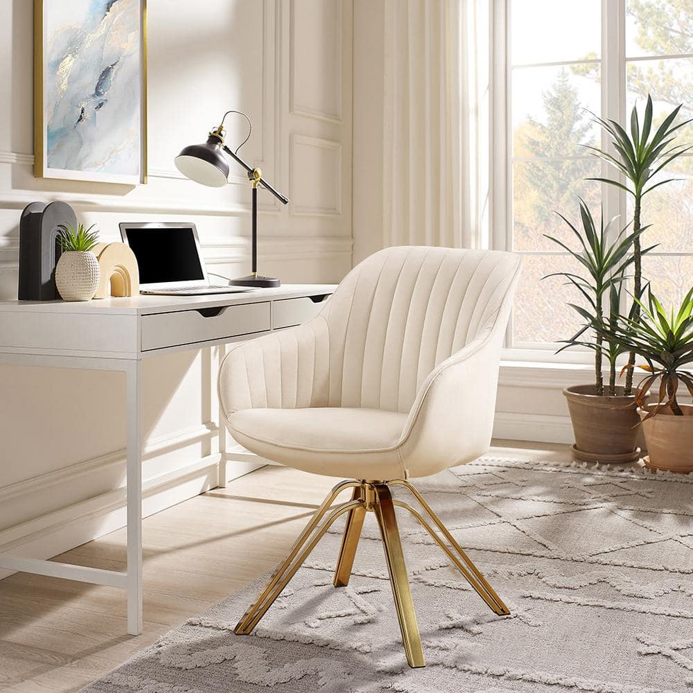 Off-White Contemporary Swivel Accent Chair with Gold Metal Legs