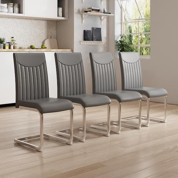Unbranded Gray PU Leather Upholstered Dining Chair Modern Accent Chair Side Chair with C Shape Plating Leg (Set of 4)