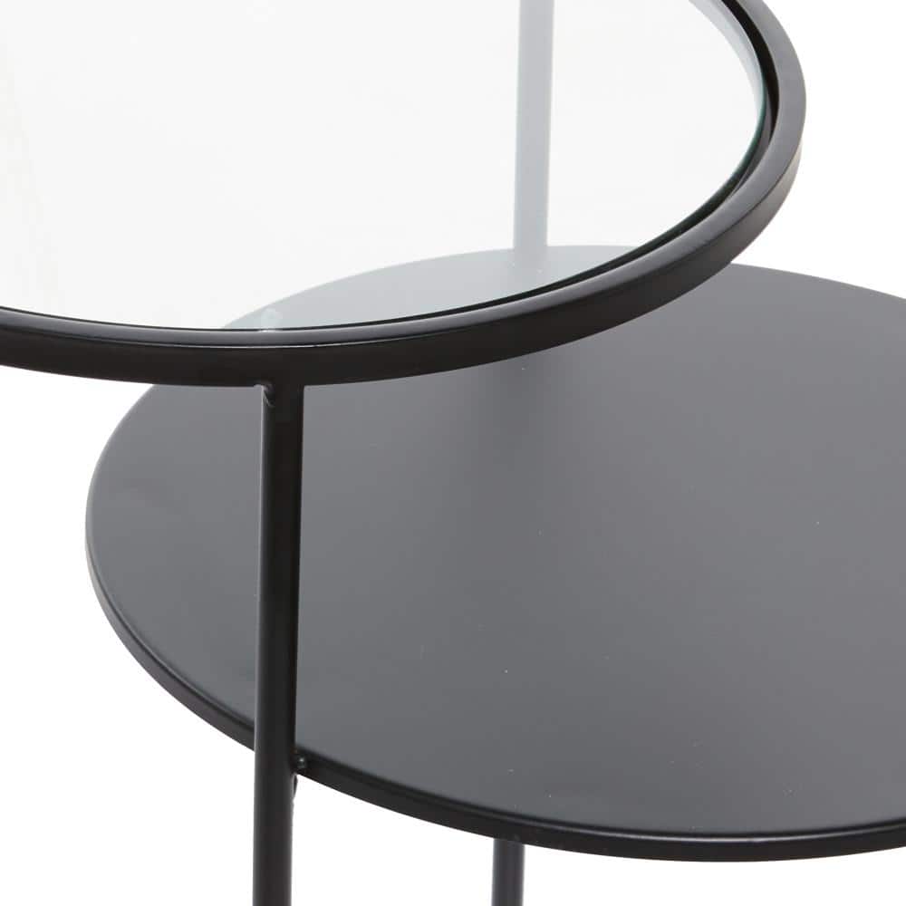 Sleek 23" Black Metal and Glass Round Accent Table with Storage