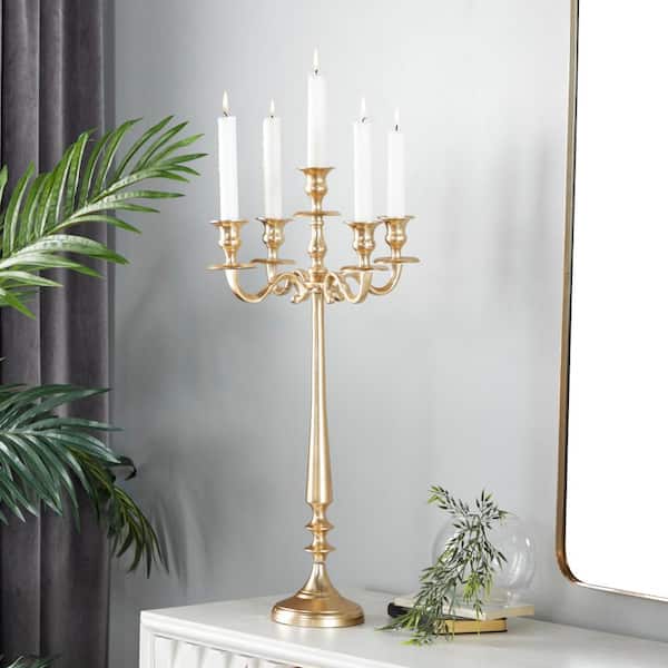 Litton Lane 24 in. Gold Aluminum Tapered 5 Plate Candelabra with 5 Candle Capacity