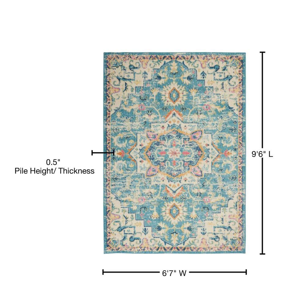 Ivory and Turquoise Floral Power-Loomed 6'7" x 9'6" Area Rug