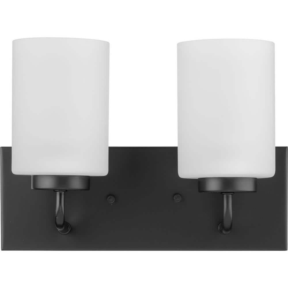 Matte Black Steel 2-Light Bath Vanity with Etched Glass Shades