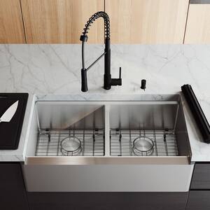 Oxford 36 in. 16 Gauge Stainless Steel Double Bowl Workstation Undermount Farmhouse Sink w/Ledge and Matte Black Faucet