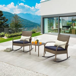3-Piece Wicker Square Galss Top Coffee Table Rocking Outdoor Bistro Dining Set with Blue Cushion