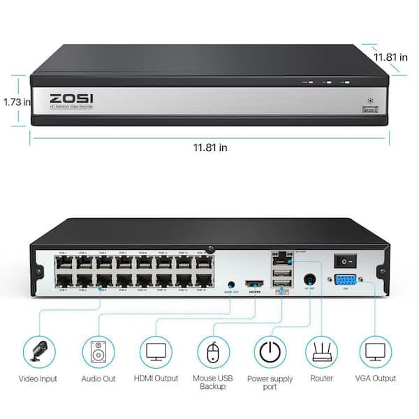 ZOSI ZR16DK ZR16SK ZR16HK 4K 16-Channel POE 4TB NVR Security