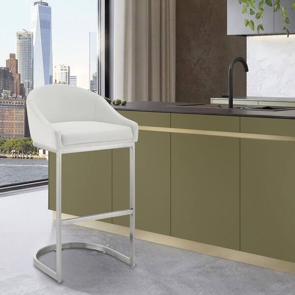 Armen Living Katherine 26 in. White Low Back Metal Counter Stool with Faux Leather Seat