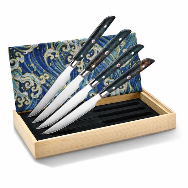 Japanese VG10 Steel Steak Knife Set of 4, Non-Serrated 5 in. Blade, Stabilized Wood Handle, Gift Box