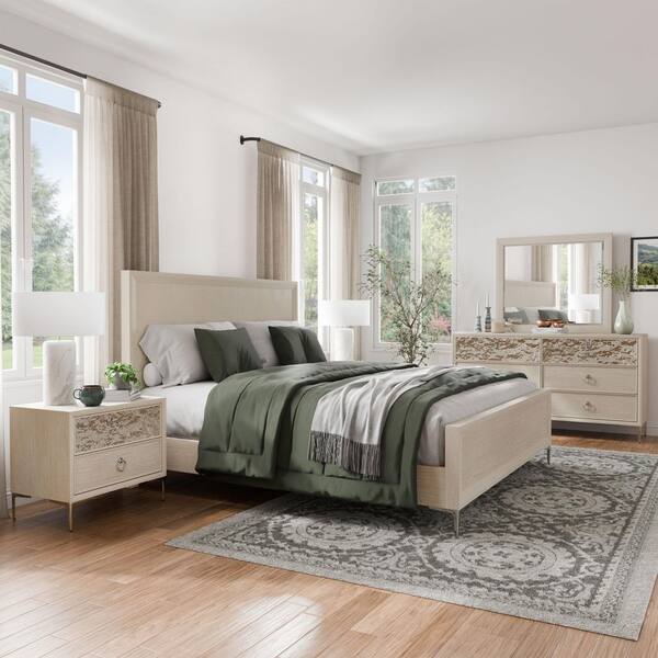 Jolt 5-Piece Natural Oak Wood Queen Bedroom Set with Dented Stainless Steel Accents