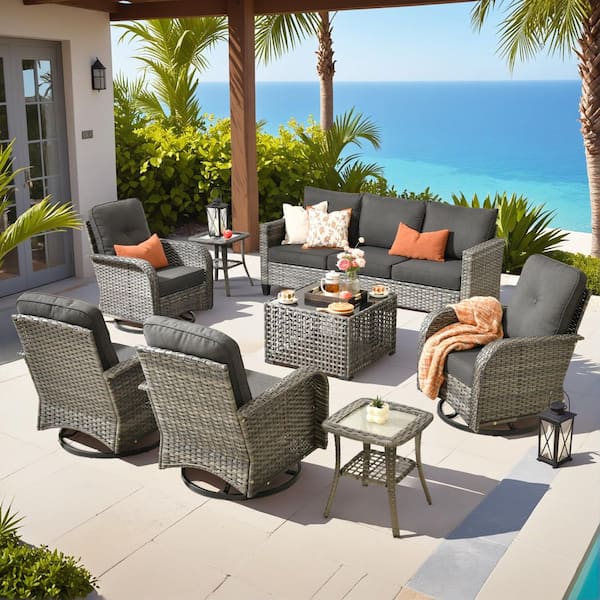 Lotus B 8-Piece Wicker Patio Conversation Seating Set with Swivel Rocking Chairs Coffee Table and Black Cushions