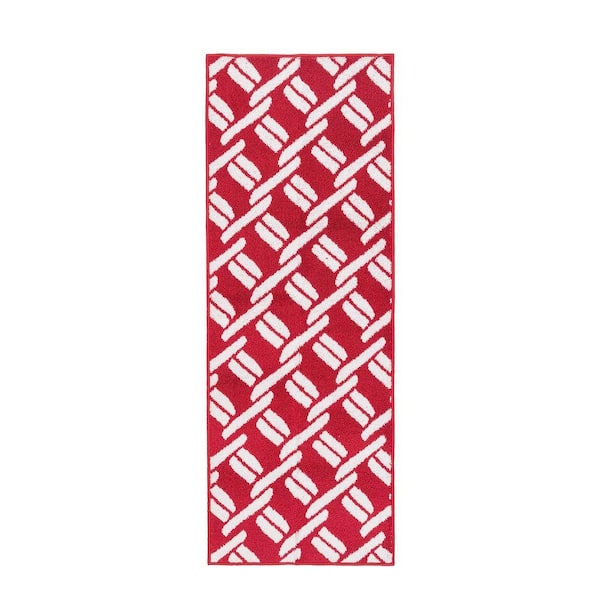 Washable Skid Resistant Red/White 2.2 ft. x 6 ft. All Loop Tufted Area Rug