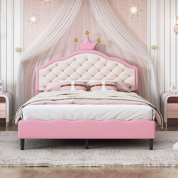 Pink Wood Frame Full Size Platform Bed with Tufted Headboard