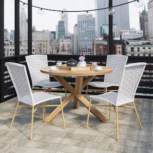 5-Piece Acacia Wood Round Outdoor Dining Set with White Wicker Chairs