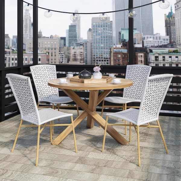 TK CLASSICS 5-Piece Acacia Wood Round Outdoor Dining Set with White Wicker Chairs