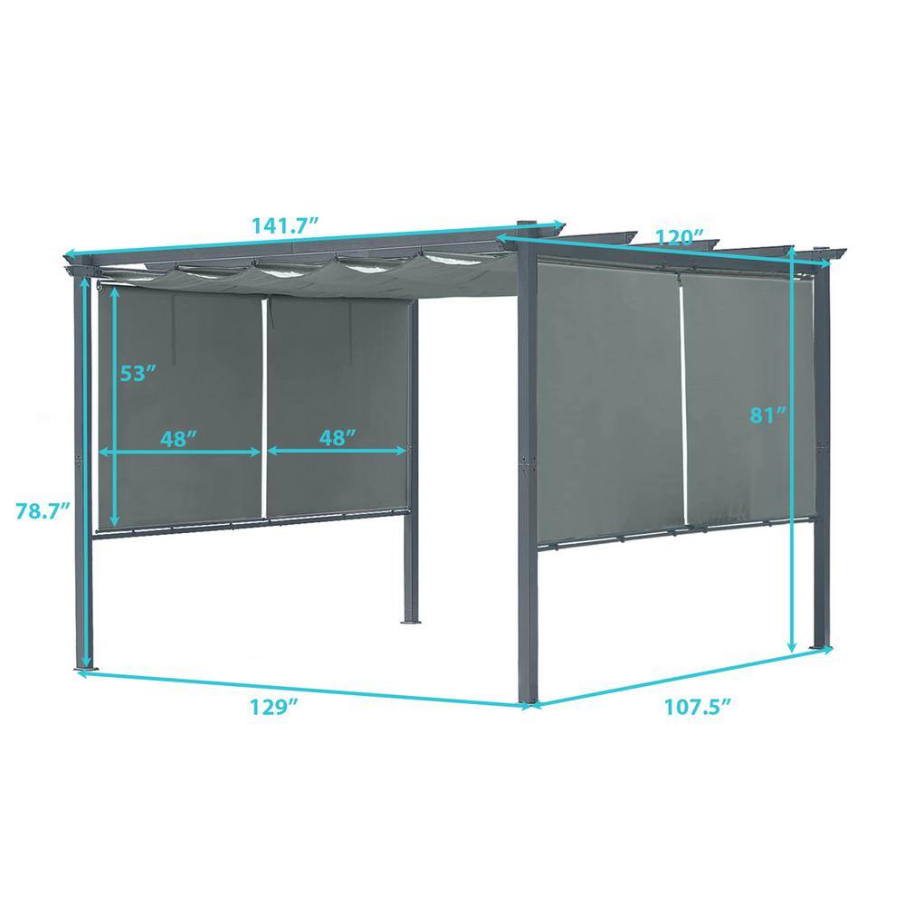 12 ft x 10 ft Gray Aluminum Patio Pergola with Retractable Canopy