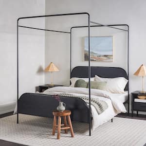 Industrial Black Metal Frame Queen Canopy Bed with Wood Headboard and Footboard