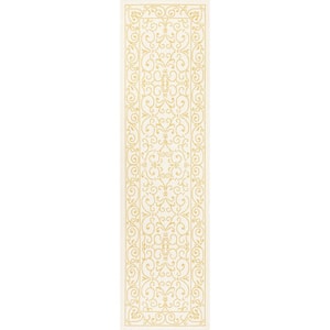 Charleston Vintage Filigree Textured Weave Cream/Yellow 2 ft. x 10 ft. Indoor/Outdoor Area Rug