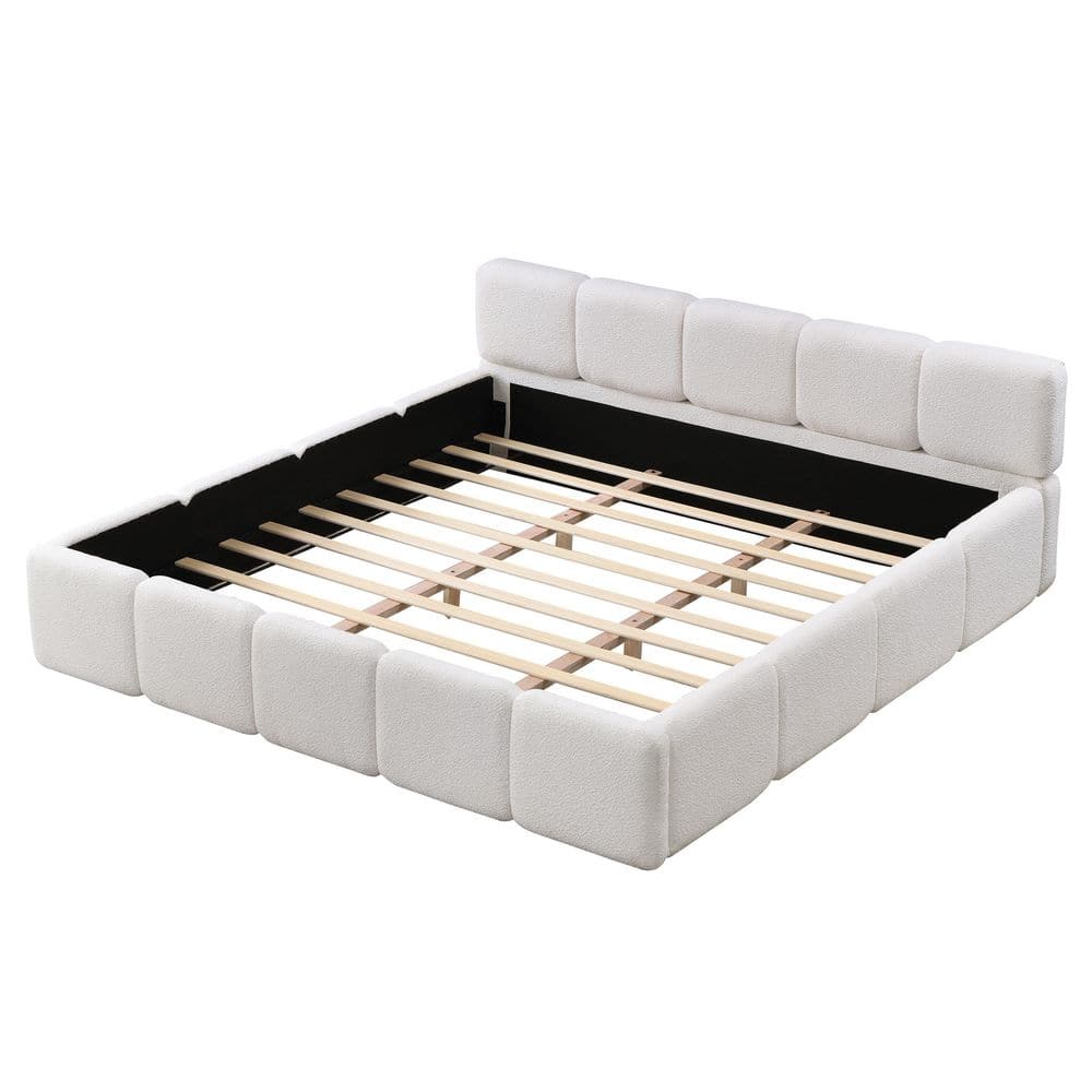 White Wood Frame King Size Upholstered Platform Bed with Boucle Thick Headboard and Footboard, Block Style - thumbnail 7
