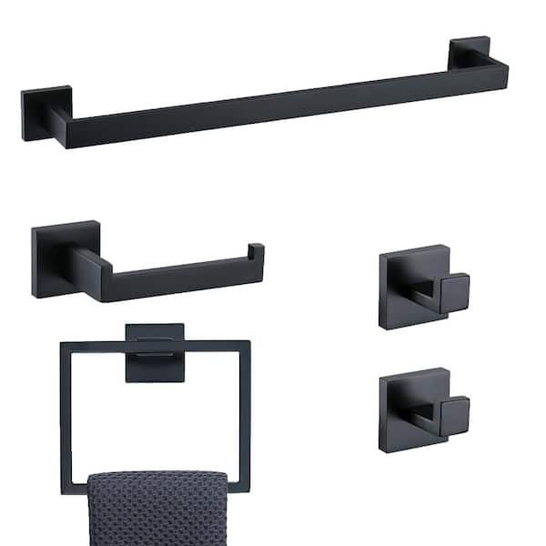 5-Piece Bath Hardware Set with Towel Ring Toilet Paper Holder Towel Hook in Black