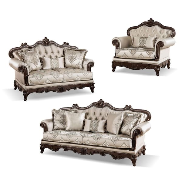 Noel 3-Piece Dark Chery and Beige Polyester Living Room Set