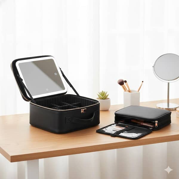 Lynzavix Black Travel Bag w/LED Mirror, Cosmetic Train Case with