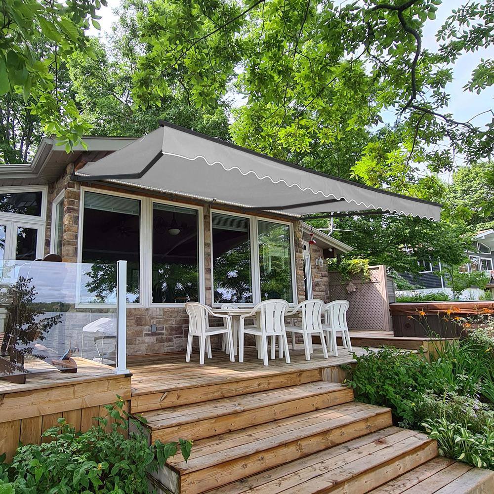 Gray Motorized Retractable Patio Awning with LED Lights, 12 x 10 ft