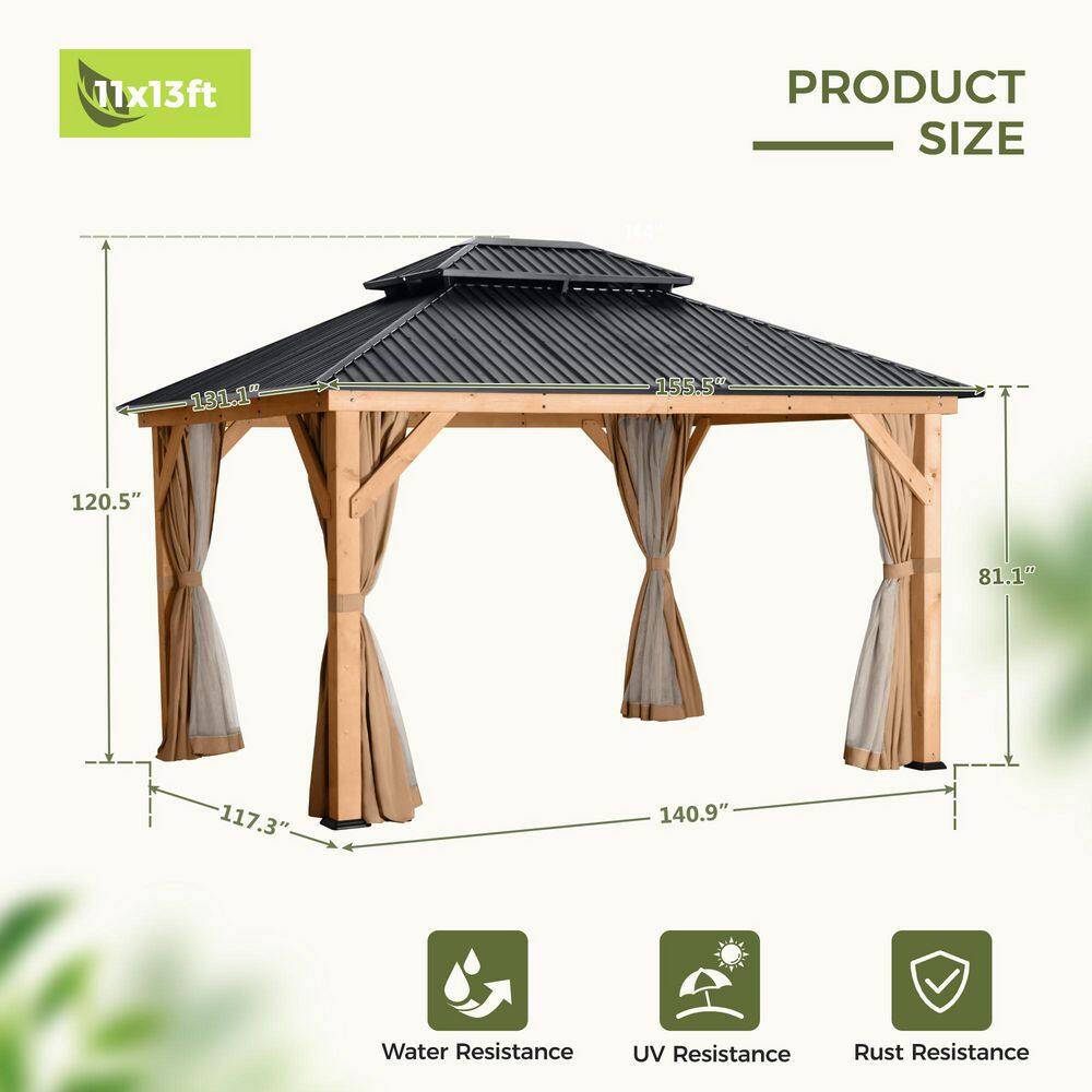 11' x 13' Black Metal Roof Wood Patio Gazebo