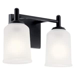 Shailene 12.75 in. 2-Light Black Traditional Bathroom Vanity Light with Satin Etched Glass