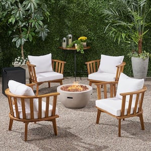 Flagler Teak Brown 6-Piece Wood Patio Fire Pit Set with White Cushion