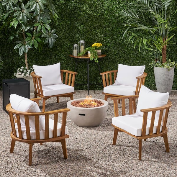 6 Piece Wood Patio Fire Pit Set, White Outdoor Patio Furniture Sets With Fire Pit