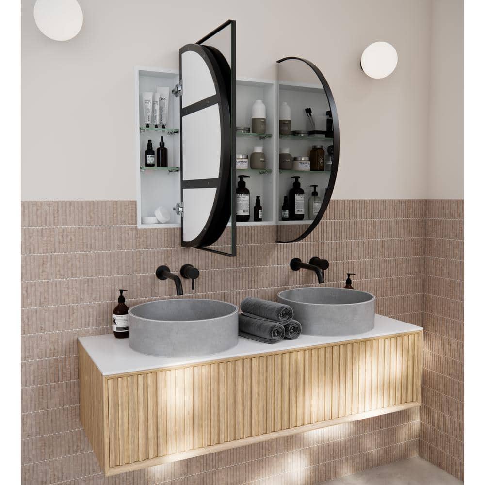Black Framed Oval Recessed Medicine Cabinet with Mirror