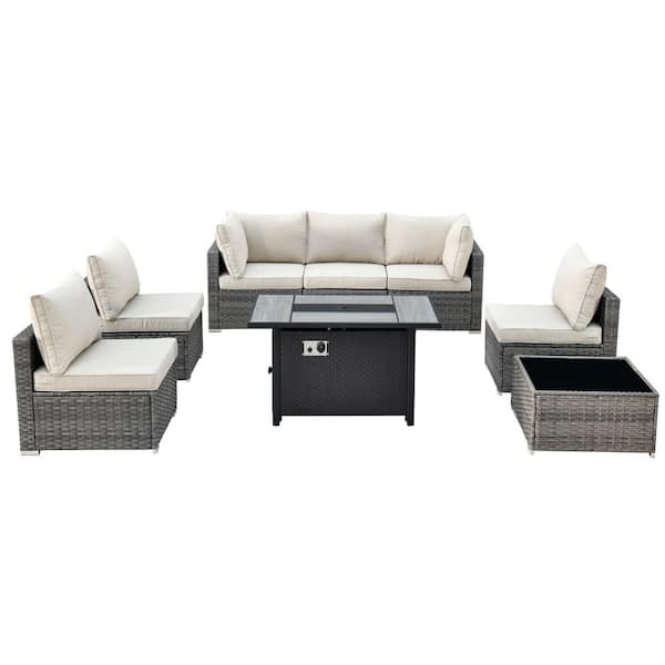 Sanibel Gray 8-Piece Wicker Patio Conversation Sofa Sectional Set with a Metal Fire Pit and Beige Cushions