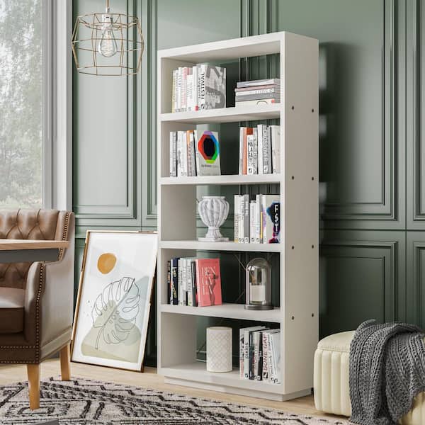 Furniture of America Yaztra 33.5 in. Wide Cream Weave 5 Shelves Standard Bookcase