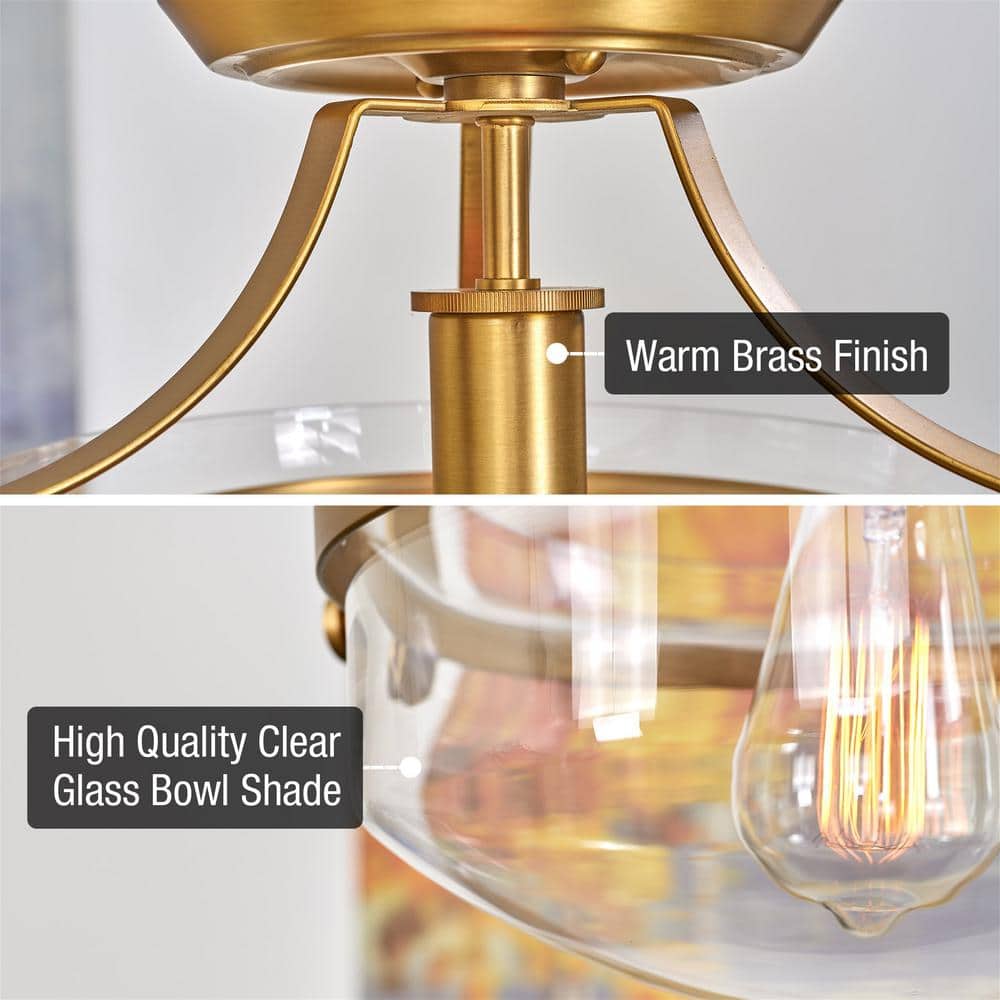 Elegant Warm Brass 12" Flush Mount Ceiling Light with Clear Glass Bowl