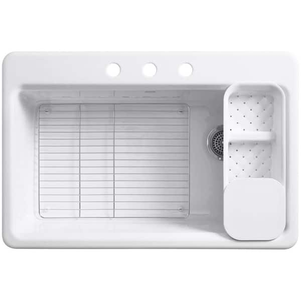 KOHLER Riverby Drop-In Cast Iron 25 in. 1-Hole Single Bowl Kitchen Sink in  White with Basin Rack K-5872-1A1-0 - The Home Depot