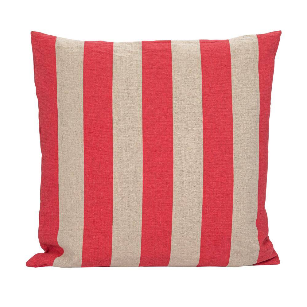 Red and Natural Striped Cotton Linen Square Pillow