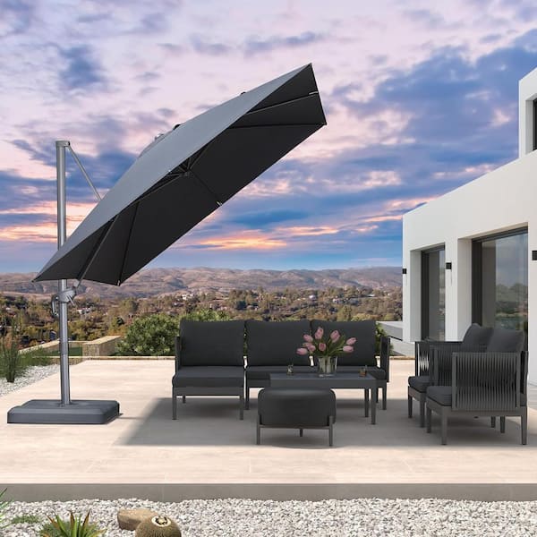 PURPLE LEAF 10 ft. Square Outdoor Patio Cantilever Umbrella Aluminum Offset 360° Rotation Umbrella with Base, Dark Gray