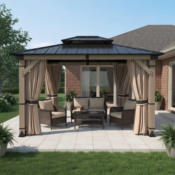 10 ft. x 12 ft. Fir Wood Gazebo with Galvanized Steel Hardtop Double Roof, Insect Screens and Privacy Curtains