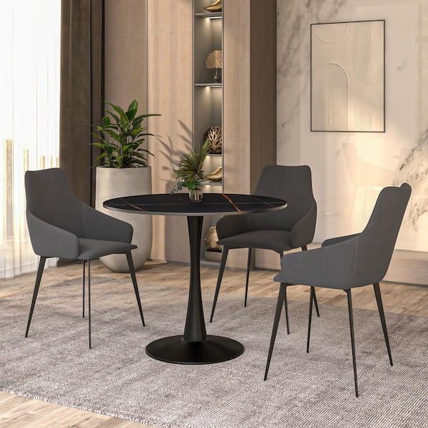 Leisuremod Round Black Sintered Stone 31.52 in. Tabletop with a Black Steel Pedestal Base Dining Table Seats 4