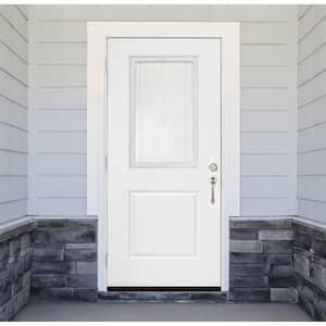 Legacy 32 in. x 80 in. Right-Hand/Outswing Half Lite Clear Glass Mini-Blind White Primed Fiberglass Prehung Front Door