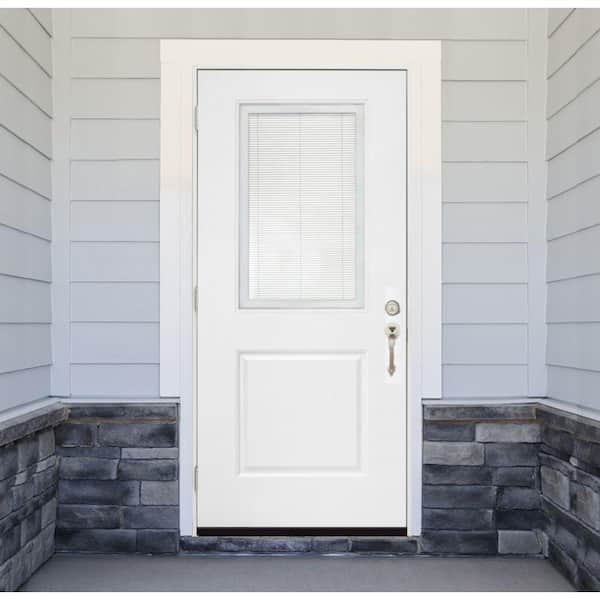 Legacy 32 in. x 80 in. Right-Hand/Outswing Half Lite Clear Glass Mini-Blind White Primed Fiberglass Prehung Front Door