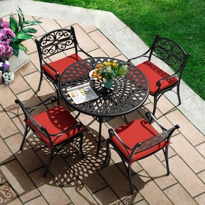 Black with Gold-Painted Edges 5-Piece Cast Aluminum Round Outdoor Dining Set with Red Cushions and Umbrella Hole