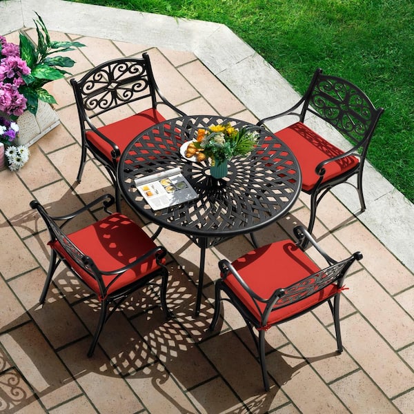 Black with Gold-Painted Edges 5-Piece Cast Aluminum Round Outdoor Dining Set with Red Cushions and Umbrella Hole