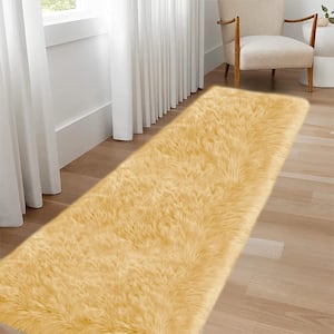 Faux Sheepskin Fur Furry Pale Yellow 2 ft. x 8 ft. Shaggy Fluffy Area Rug Runner Rug