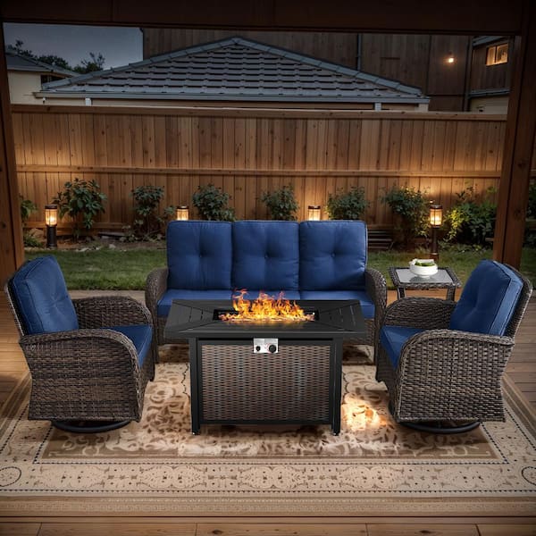 Brown 5-Piece Wicker Patio Fire Pit Set, Outdoor Sofa Seating Set with Olefin Navy Blue Cushions and Swivel Rockers