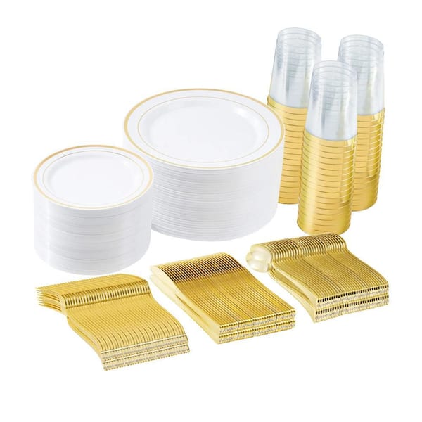 100-Set Disposable Plastic Cutlery Set with Plates, Cups, Napkins & Utensils for Gatherings, Events and Parties in Gold