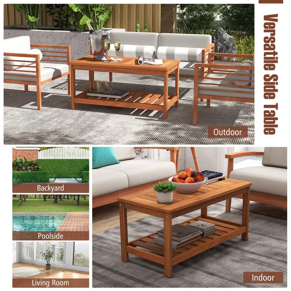 Natural Hardwood 2-Tier Outdoor Coffee Table with Slatted Shelf
