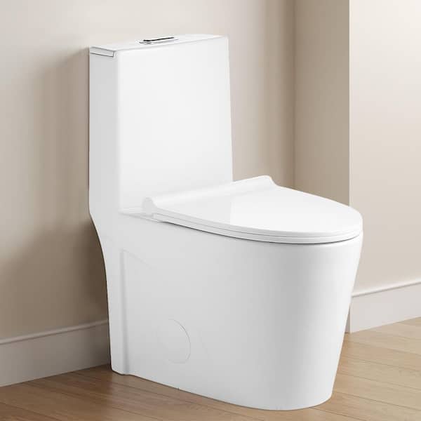 12 in. Rough-In 1/1.6 GPF Dual Flush One Piece Toilet in Gloss White with Soft Closing Seat