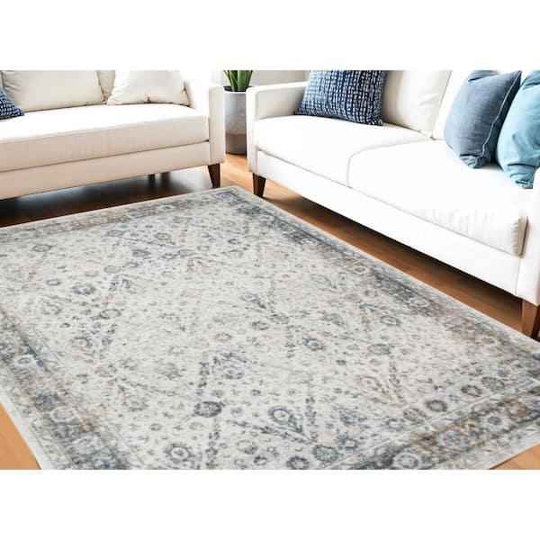 9 ft. x 12 ft. Blue and Ivory Floral Medallion Power Loom Distressed Washable Area Rug