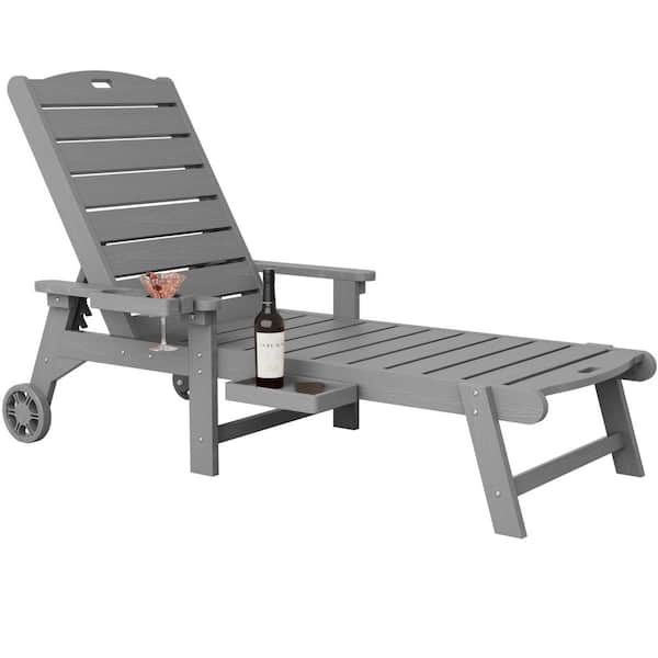 Mximu Gray HIPS Plastic Outdoor Chaise Lounge Chair with Cup Holder and Wheels