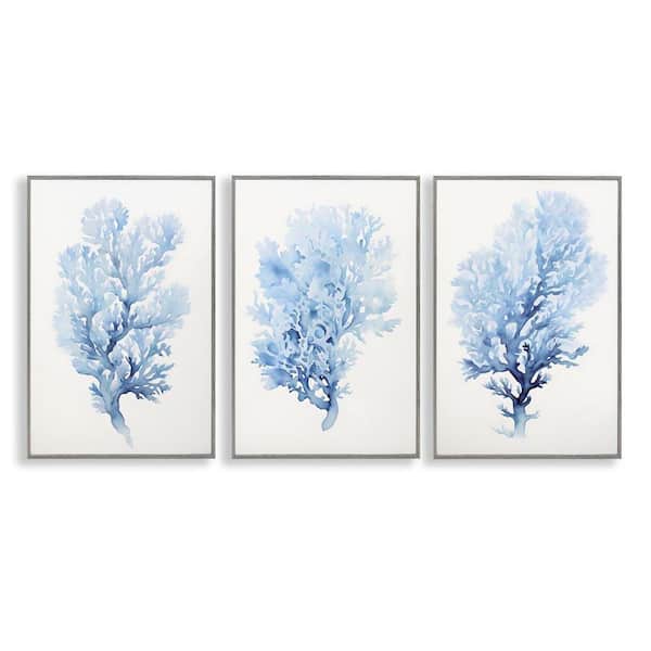 Indigo Coral Watercolors by Petal Prints Design 3-Pieces Gray Framed Coastal Giclee Art Print 18 in. x 12 in.